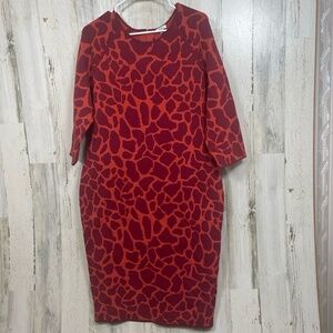I.B.B.I. Red Abstract Heavy Knit Dress‎ Crew Neck 3/4 Sleeve size 16